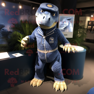 Navy Iguanodon mascot costume character dressed with a Playsuit and Wraps