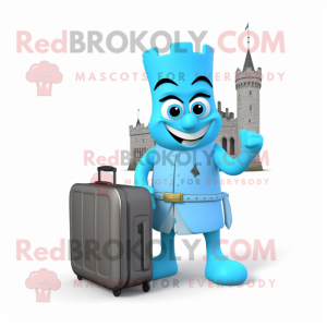 Sky Blue Irish Castle mascot costume character dressed with a Evening Gown and Briefcases