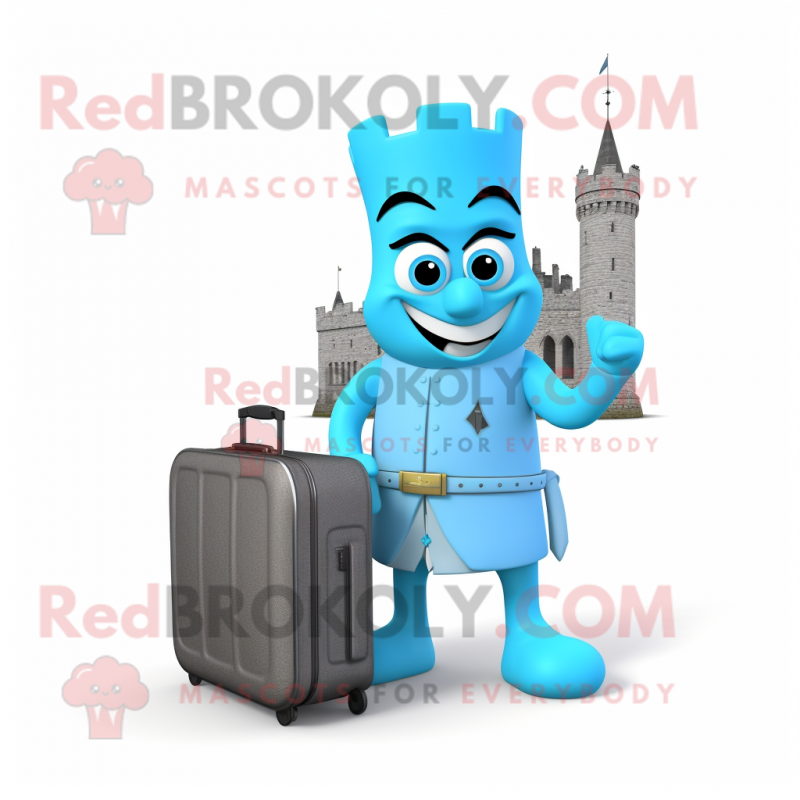 Sky Blue Irish Castle mascot costume character dressed with a Evening Gown and Briefcases Sky Blue Irish Castle mascot costume character dressed with a Evening Gown and Briefcases