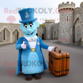 Sky Blue Irish Castle mascot costume character dressed with a Evening Gown and Briefcases