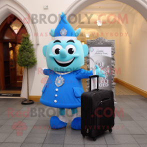 Sky Blue Irish Castle mascot costume character dressed with a Evening Gown and Briefcases