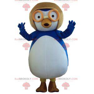 Mascot gran pájaro azul y blanco con un casco de aviador -