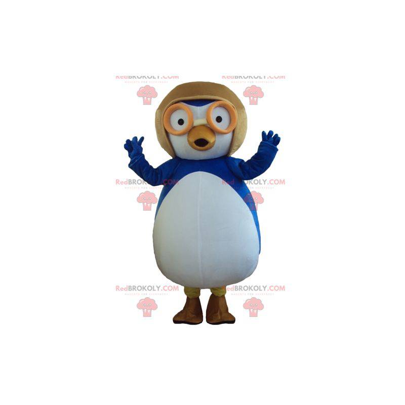 Mascot big blue and white bird with an aviator helmet -