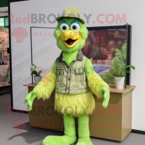 Lime Green Emu mascot costume character dressed with a Overalls and Earrings