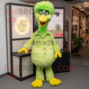 Lime Green Emu mascot costume character dressed with a Overalls and Earrings