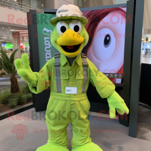 Lime Green Emu mascot costume character dressed with a Overalls and Earrings