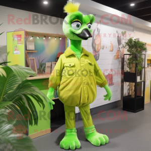 Lime Green Emu mascot costume character dressed with a Overalls and Earrings