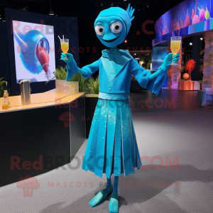 Blue Stilt Walker mascot costume character dressed with a Cocktail Dress and Wraps