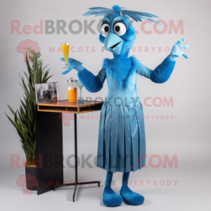 Blue Stilt Walker mascot costume character dressed with a Cocktail Dress and Wraps