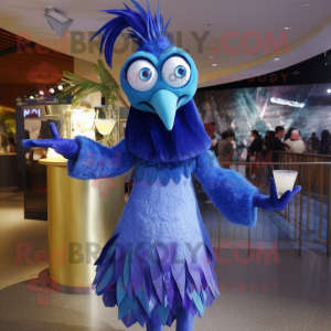 Blue Stilt Walker mascot costume character dressed with a Cocktail Dress and Wraps