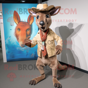 Rust Kangaroo mascot costume character dressed with a Boyfriend Jeans and Hat pins