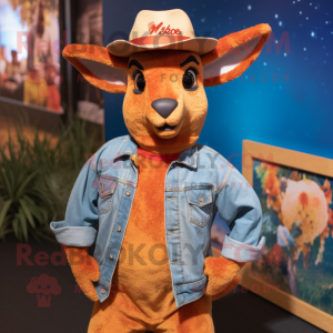 Rust Kangaroo mascot costume character dressed with a Boyfriend Jeans and Hat pins