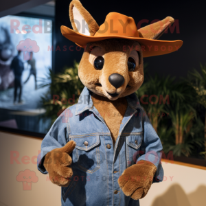 Rust Kangaroo mascot costume character dressed with a Boyfriend Jeans and Hat pins