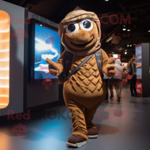 Brown Croissant mascot costume character dressed with a Hoodie and Backpacks