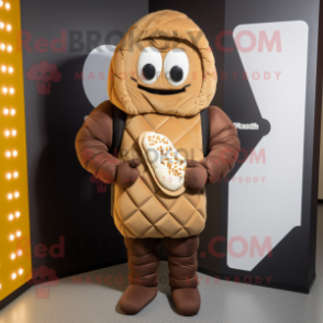 Brown Croissant mascot costume character dressed with a Hoodie and Backpacks