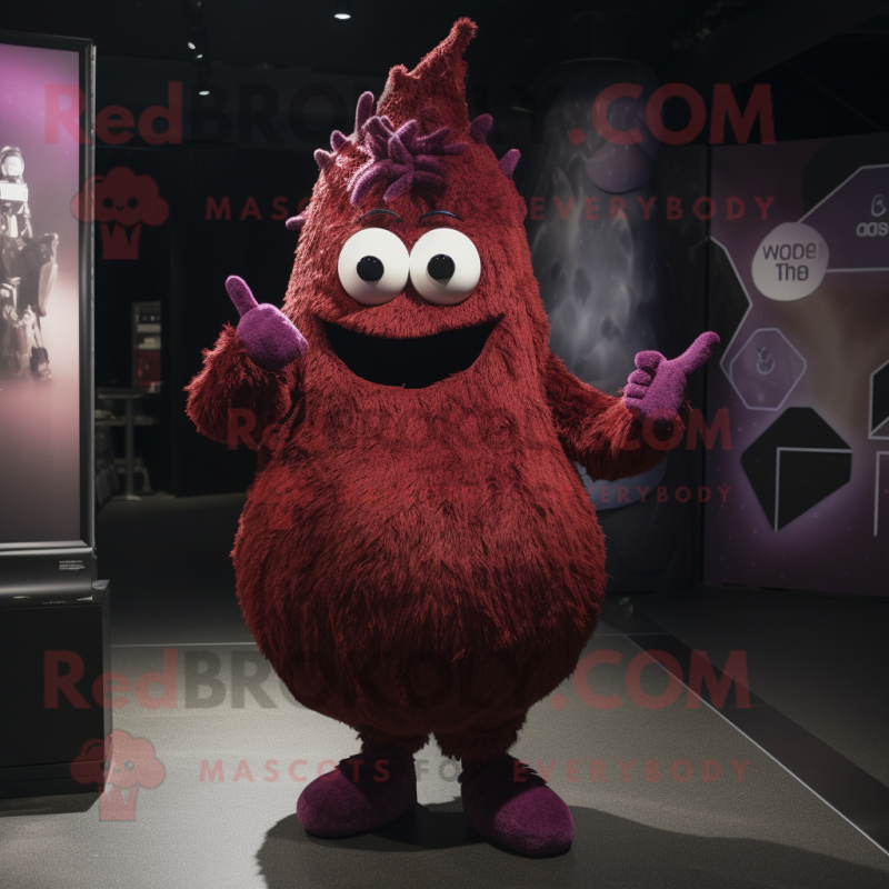 Maroon Onion mascot costume character dressed with a Jumpsuit and Mittens