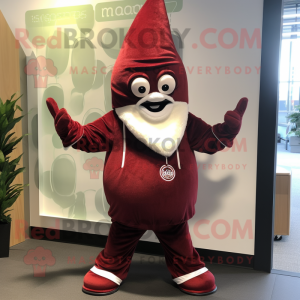 Maroon Onion mascot costume character dressed with a Jumpsuit and Mittens