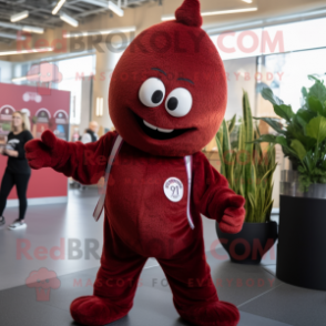 Maroon Onion mascot costume character dressed with a Jumpsuit and Mittens