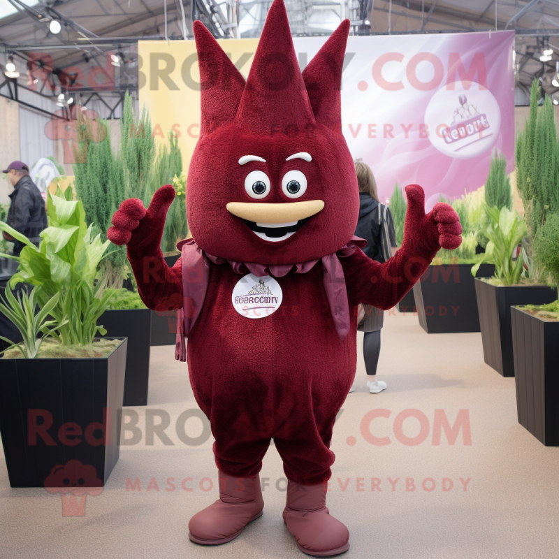 Maroon Onion mascot costume character dressed with a Jumpsuit and Mittens