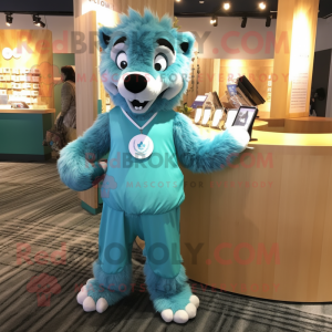 Cyan Say Wolf mascot costume character dressed with a Maxi Skirt and Coin purses