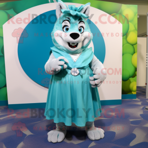 Cyan Say Wolf mascot costume character dressed with a Maxi Skirt and Coin purses
