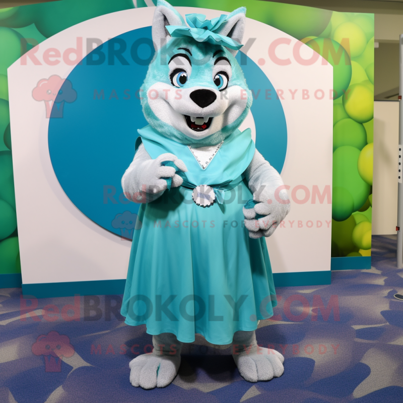Cyan Say Wolf mascot costume character dressed with a Maxi Skirt and Coin purses Cyan Say Wolf mascot costume character dressed with a Maxi Skirt and Coin purses