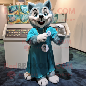 Cyan Say Wolf mascot costume character dressed with a Maxi Skirt and Coin purses