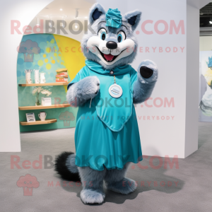 Cyan Say Wolf mascot costume character dressed with a Maxi Skirt and Coin purses