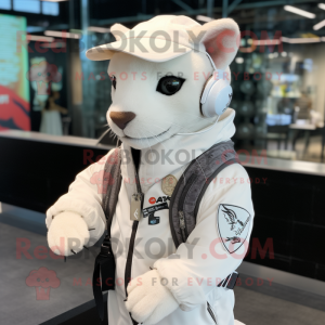 White Jaguarundi mascot costume character dressed with a Bomber Jacket and Hair clips