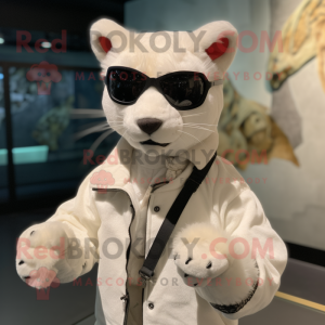 White Jaguarundi mascot costume character dressed with a Bomber Jacket and Hair clips