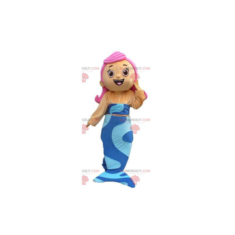 Mascotte de jolie sirène bleue avec des cheveux roses -