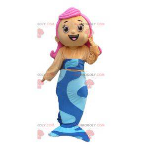 Mascot bastante sirena azul con pelo rosa - Redbrokoly.com