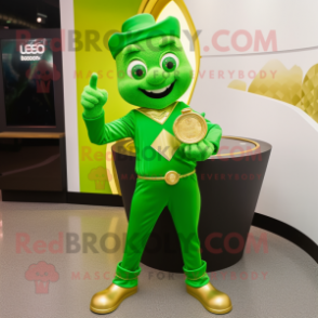 Lime Green Pot Of Gold mascot costume character dressed with a Jeggings and Smartwatches