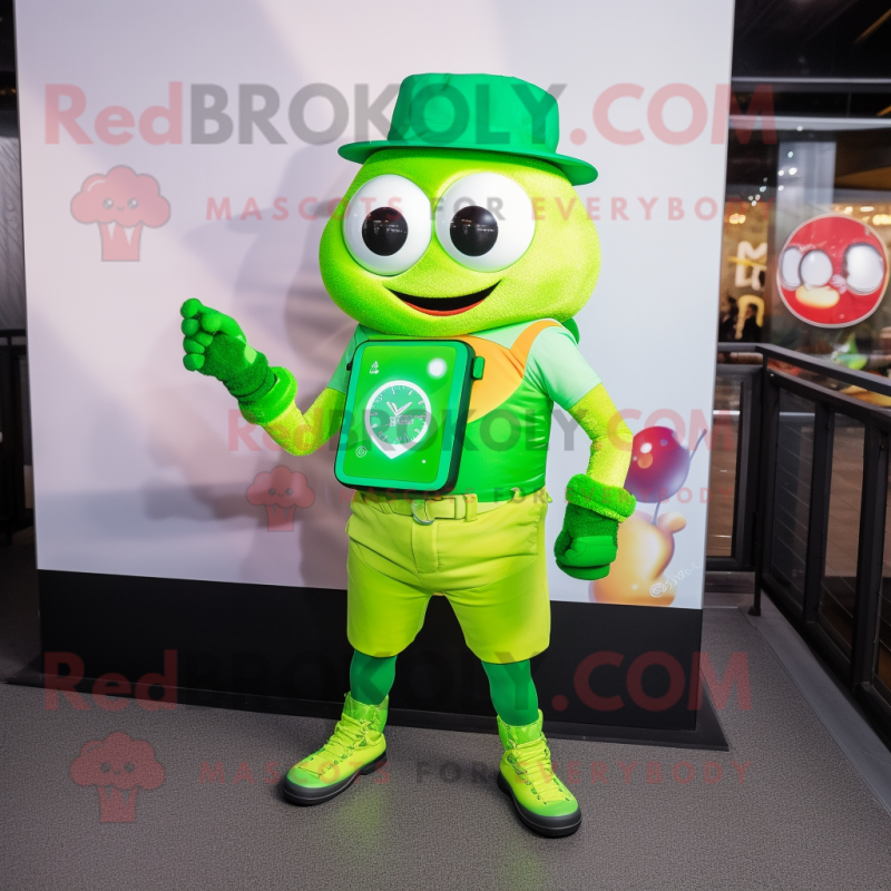 Lime Green Pot Of Gold mascot costume character dressed with a Jeggings and Smartwatches