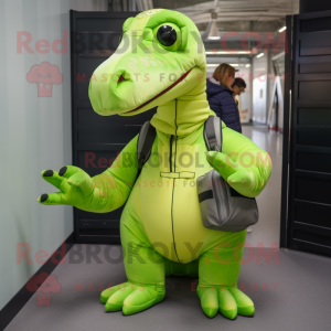 Lime Green Diplodocus mascot costume character dressed with a Bomber Jacket and Messenger bags