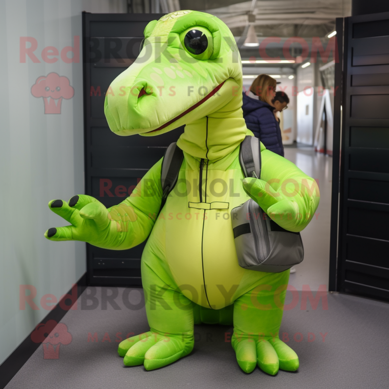 Lime Green Diplodocus mascot costume character dressed with a Bomber Jacket and Messenger bags