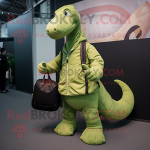 Lime Green Diplodocus mascot costume character dressed with a Bomber Jacket and Messenger bags