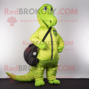 Lime Green Diplodocus mascot costume character dressed with a Bomber Jacket and Messenger bags