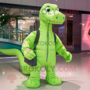 Lime Green Diplodocus mascot costume character dressed with a Bomber Jacket and Messenger bags