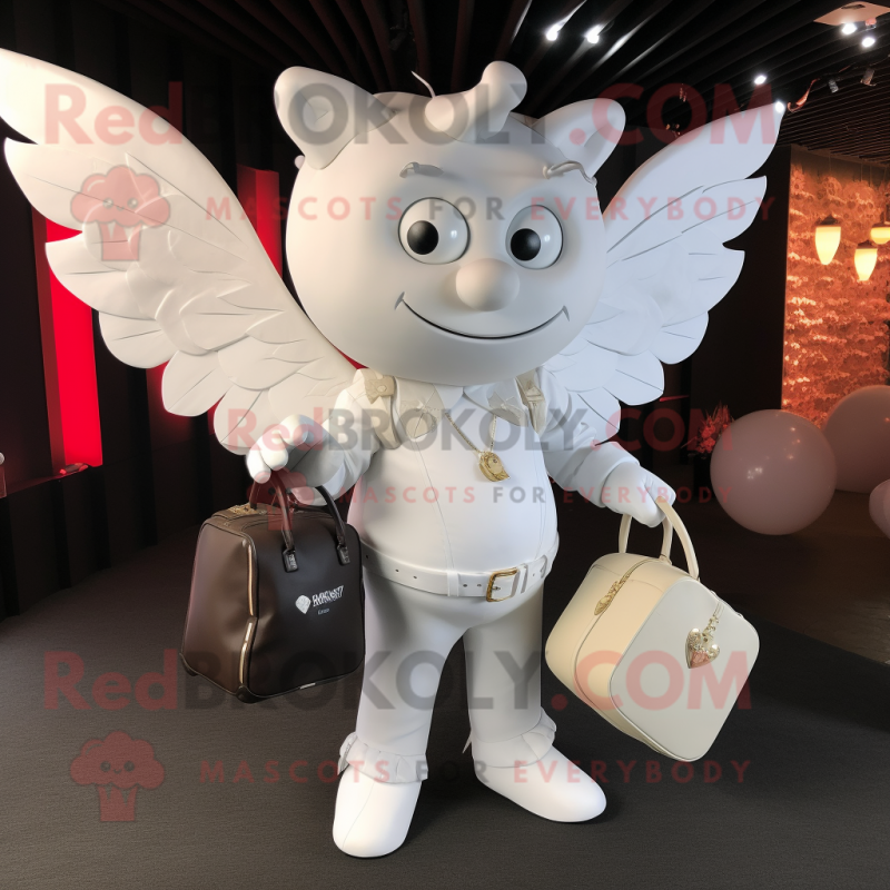 White Cupid mascot costume character dressed with a Suit and Handbags White Cupid mascot costume character dressed with a Suit and Handbags