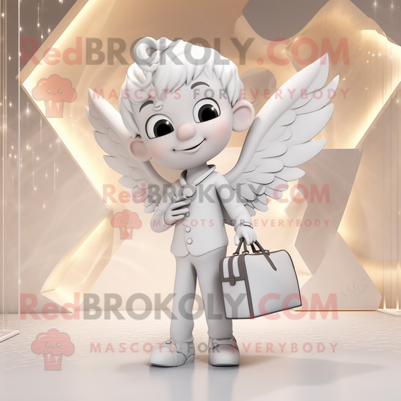 White Cupid mascot costume character dressed with a Suit and Handbags White Cupid mascot costume character dressed with a Suit and Handbags
