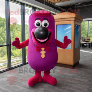 Magenta Hot Dog mascot costume character dressed with a Henley Shirt and Bow ties