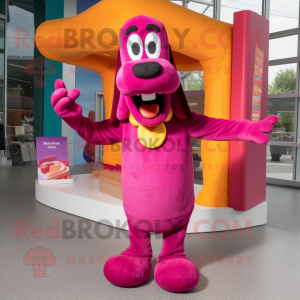 Magenta Hot Dog mascot costume character dressed with a Henley Shirt and Bow ties