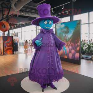 Purple Stilt Walker mascot costume character dressed with a Skirt and Hat pins