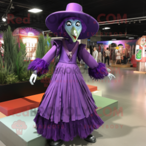 Purple Stilt Walker mascot costume character dressed with a Skirt and Hat pins