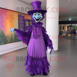 Purple Stilt Walker mascot costume character dressed with a Skirt and Hat pins