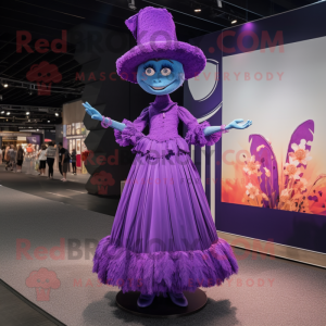 Purple Stilt Walker mascot costume character dressed with a Skirt and Hat pins