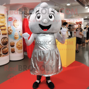 Silver Fried Rice mascot costume character dressed with a Midi Dress and Backpacks
