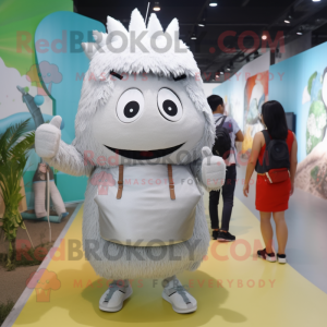 Silver Fried Rice mascot costume character dressed with a Midi Dress and Backpacks
