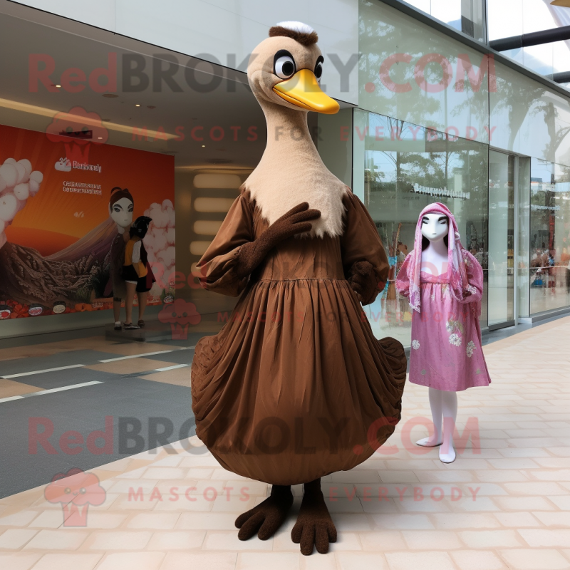 Brown Swans mascot costume character dressed with a Maxi Dress and Hair clips